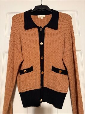 Marled Camel Cable-Knit Cardigan with Black Trim